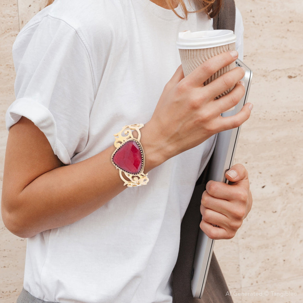 Red Bordeaux Quartz Golden Statement Cuff Bracelet | Bracelets | Wiccan Center