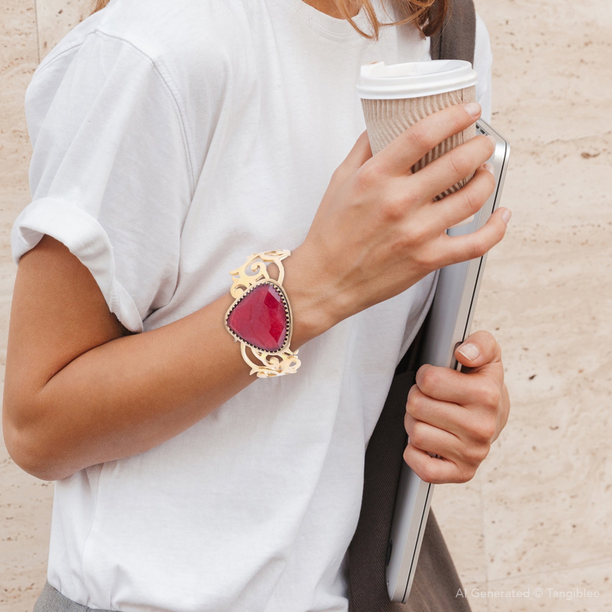 Red Bordeaux Quartz Golden Statement Cuff Bracelet | Bracelets | Wiccan Center