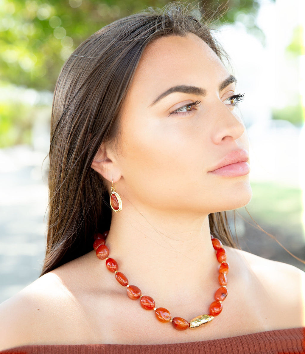 Orange Carnelian Golden Beaded Statement Necklace | Earrings | Wiccan Center