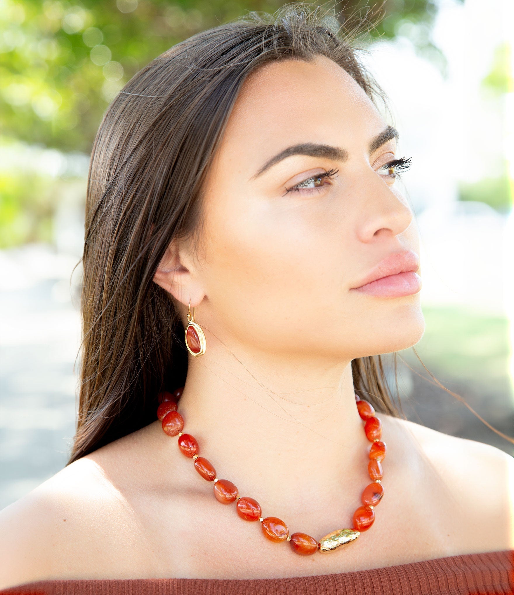 Orange Carnelian Golden Beaded Statement Necklace | Earrings | Wiccan Center