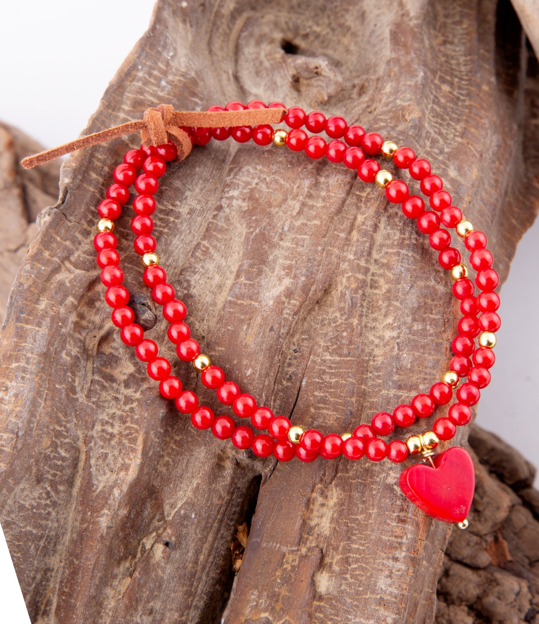 Red Coral Hart Golden Stretch Bracelet Set | Bracelets | Wiccan Center