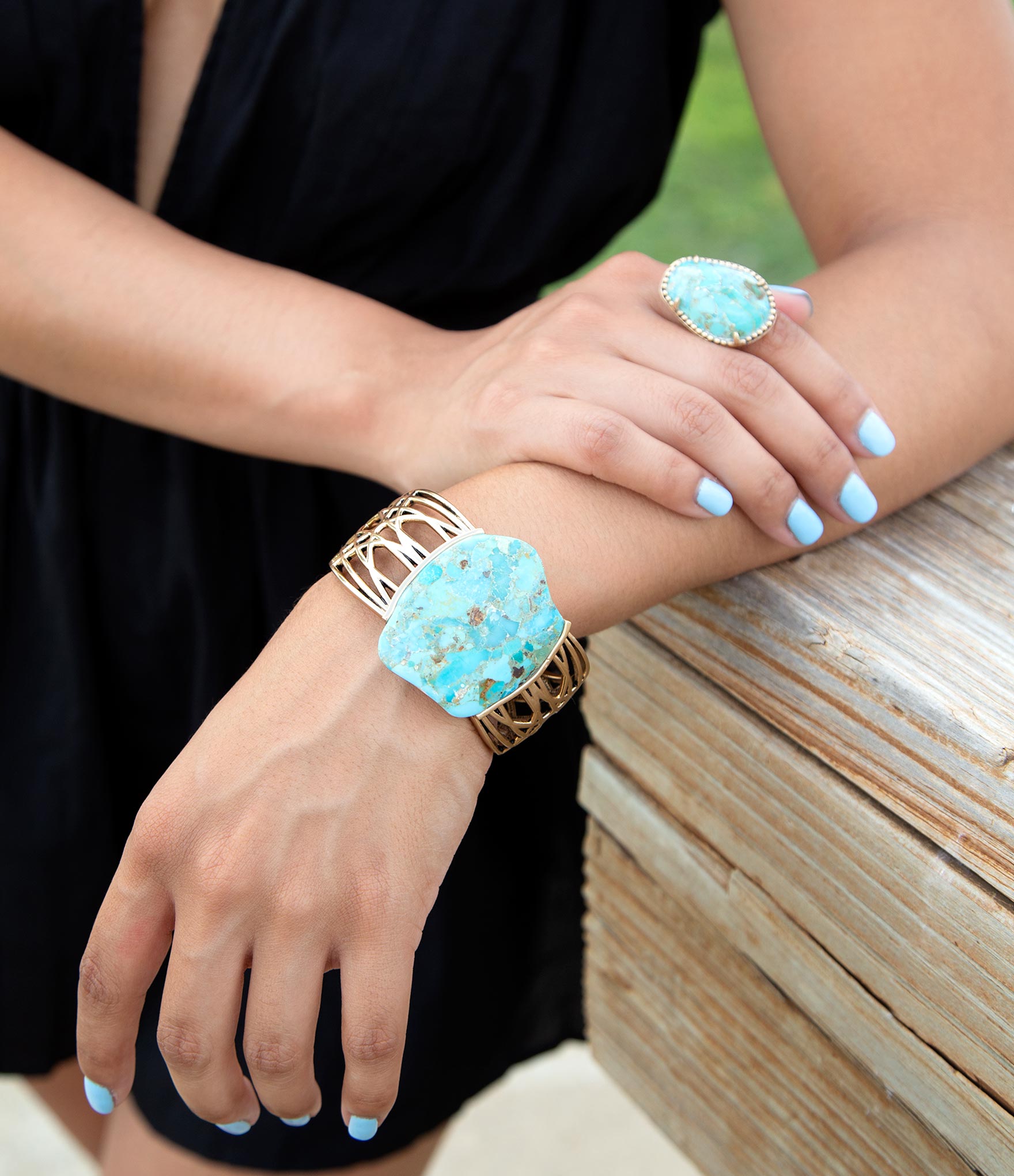 Refined Blue Turquoise Golden Statement Ring | Rings | Wiccan Center