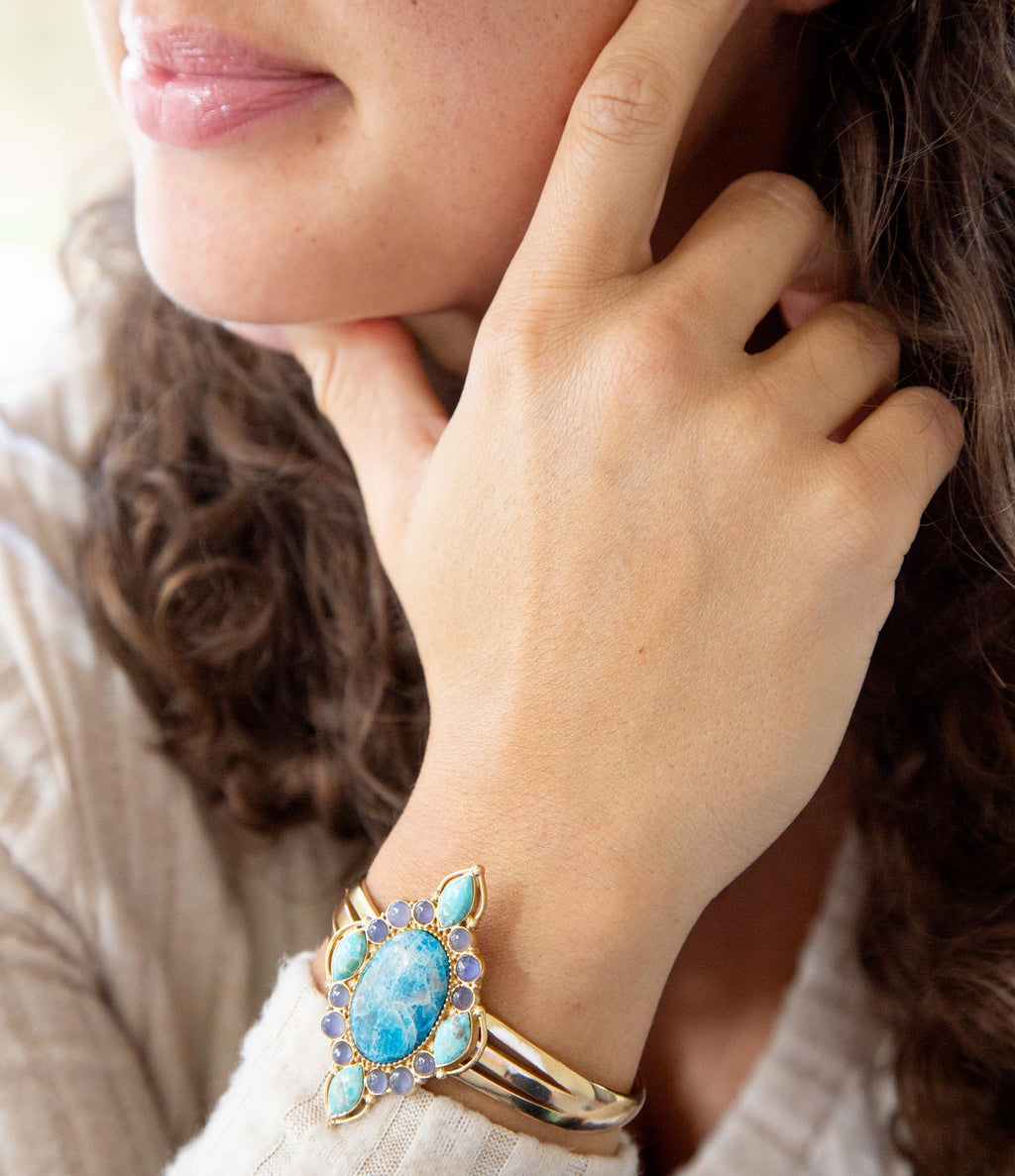 Regal Blue Apatite Mixed Stone Golden Cuff Bracelets | Bracelets | Wiccan Center