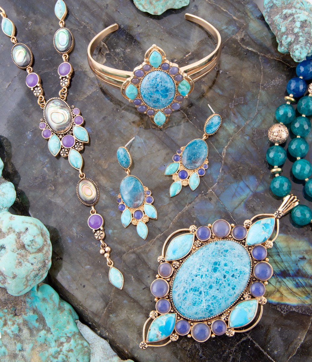 Regal Blue Apatite Mixed Stone Golden Cuff Bracelets | Bracelets | Wiccan Center