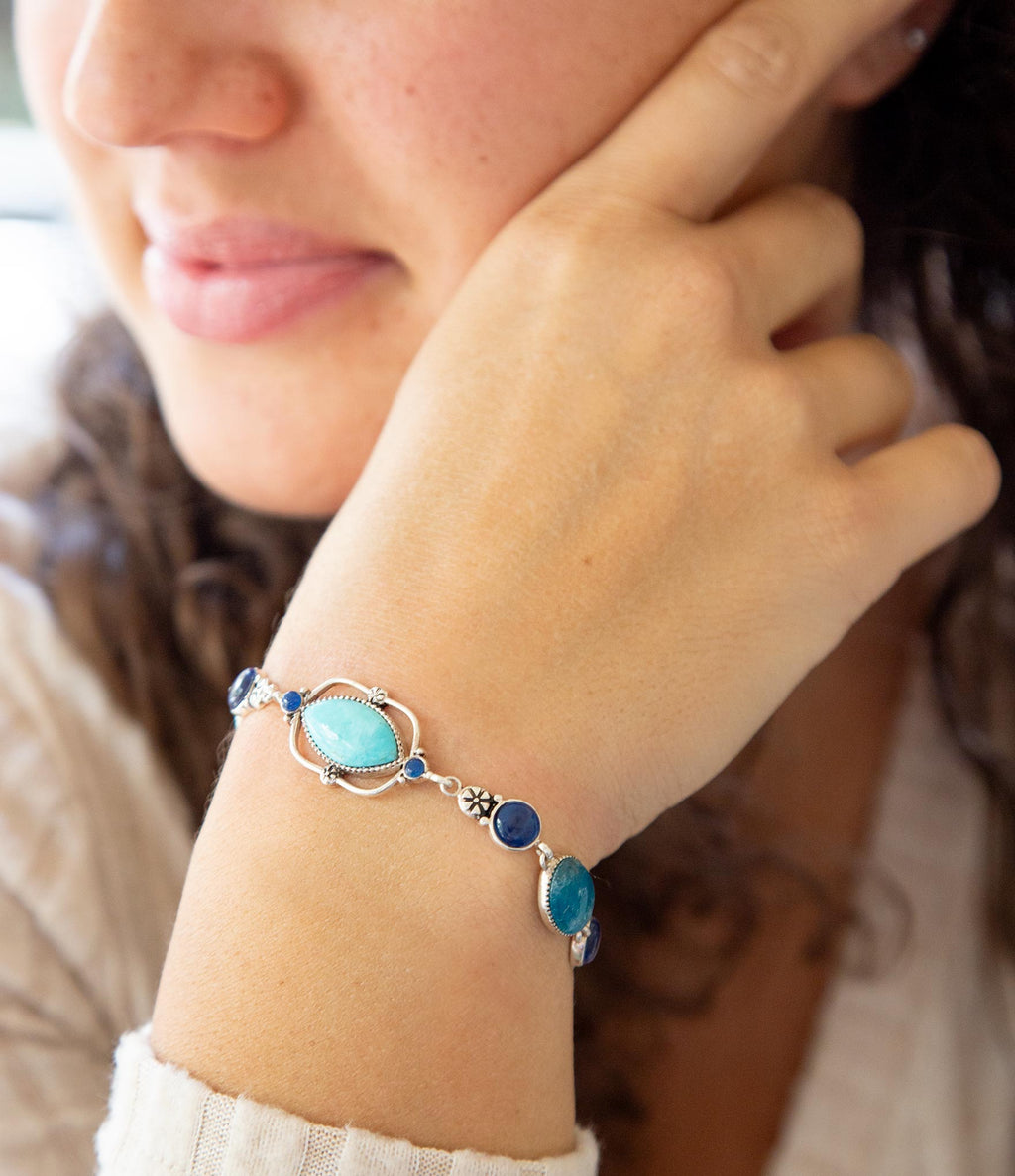Regal Blue Turquoise and Apatite Sterling Silver Link Bracelet | Bracelets | Wiccan Center