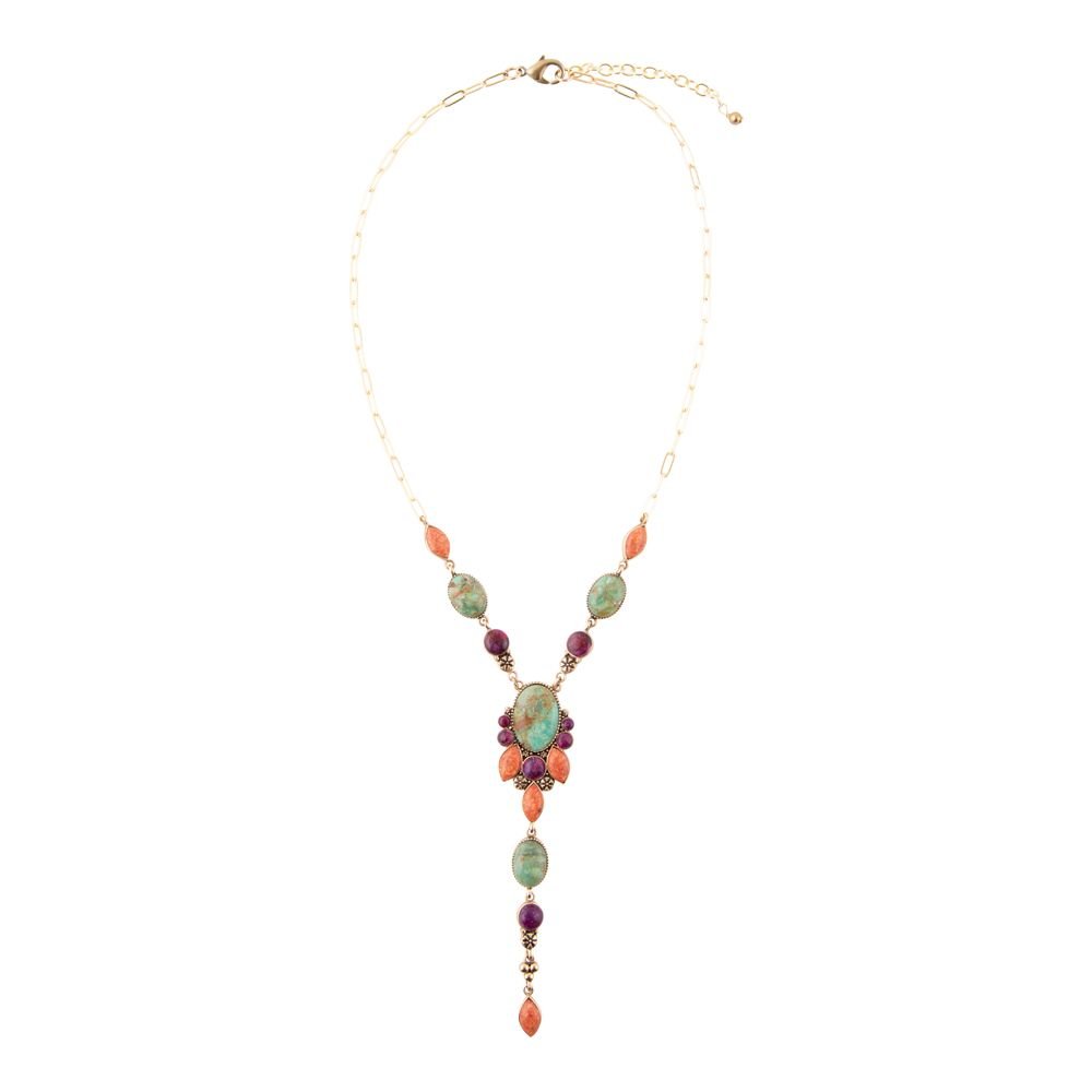 Regalia Blue Turquoise Purple and Orange Coral Golden Y Necklace | Necklaces | Wiccan Center