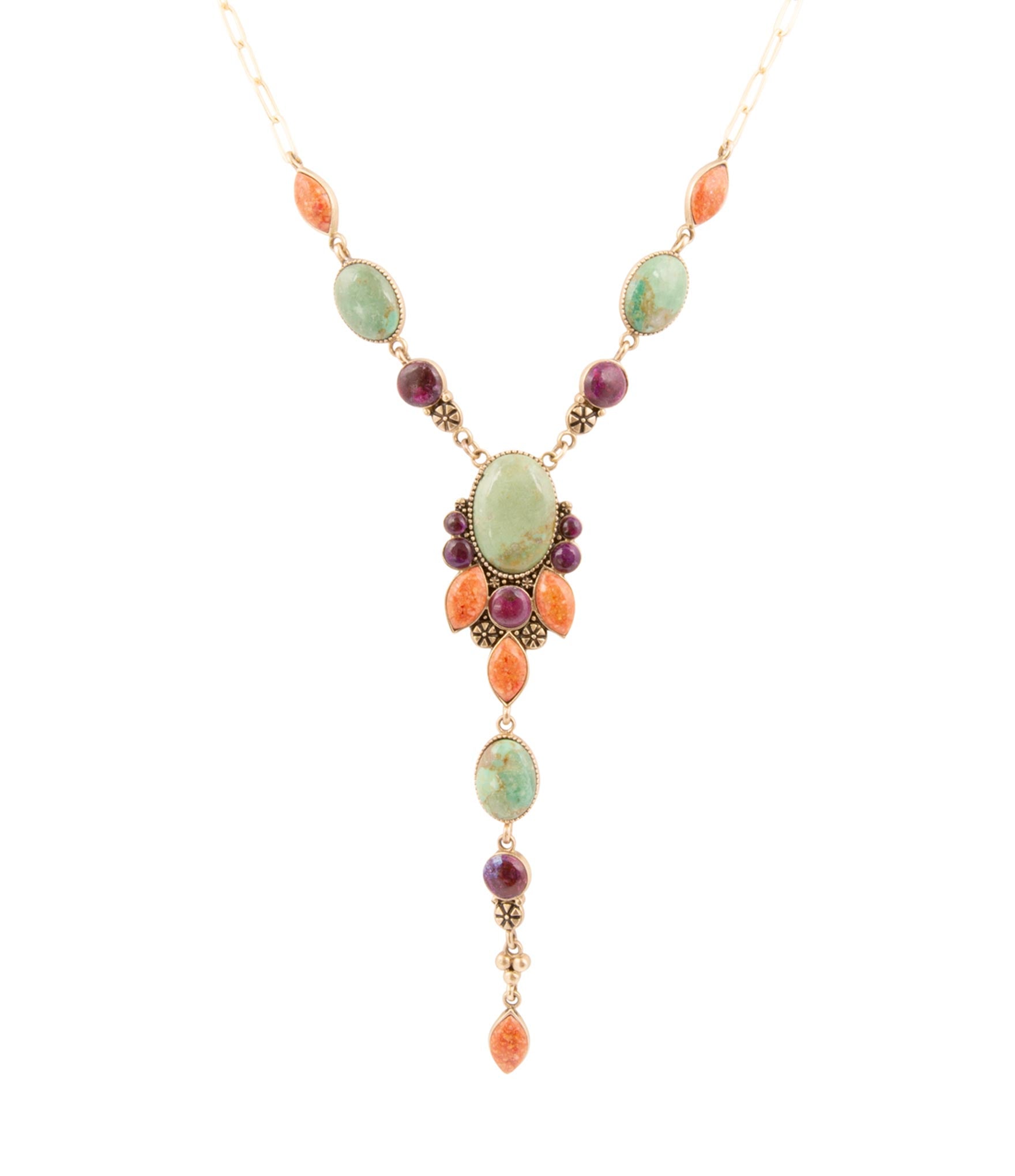 Regalia Blue Turquoise Purple and Orange Coral Golden Y Necklace | Necklaces | Wiccan Center