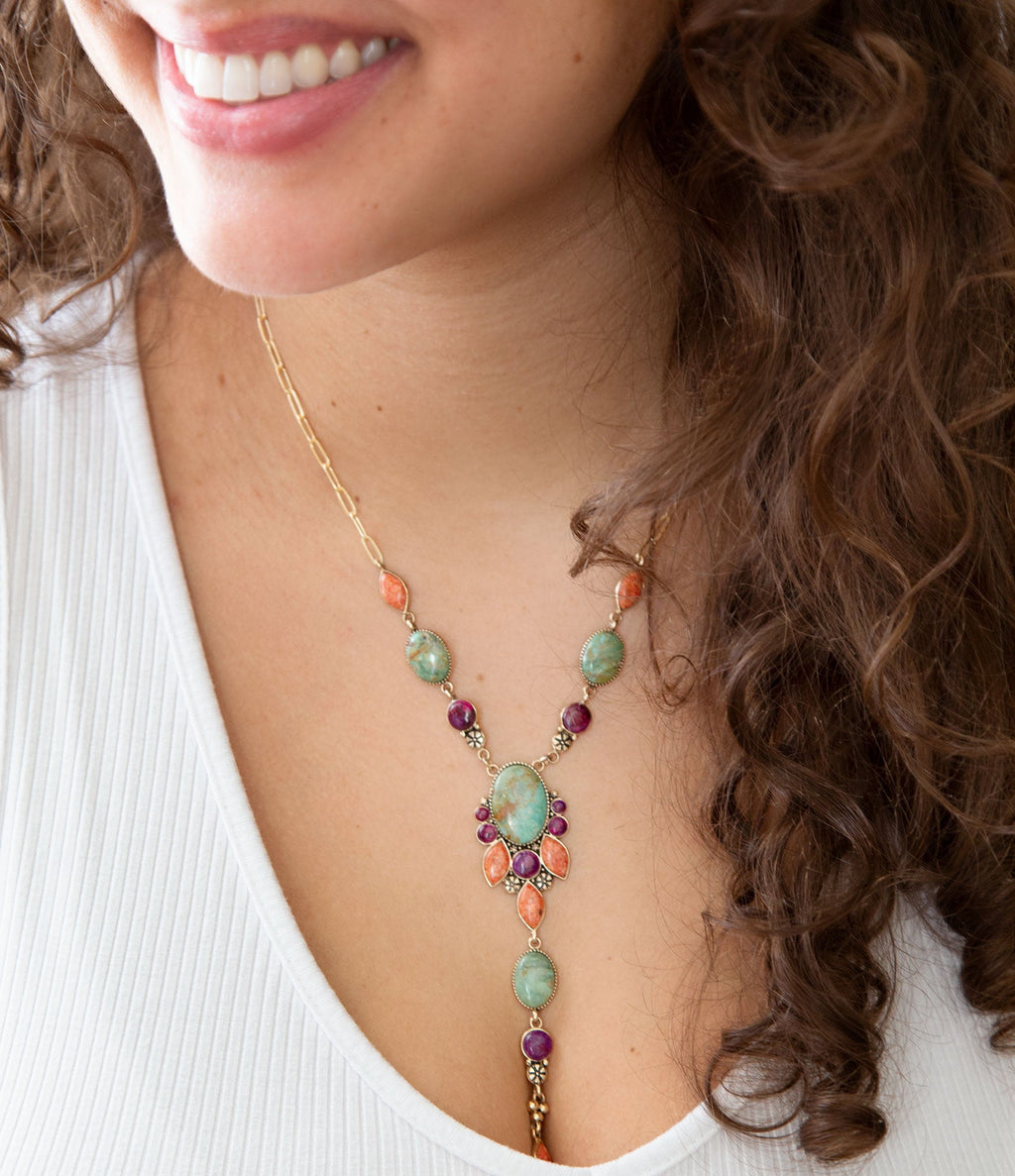 Regalia Blue Turquoise Purple and Orange Coral Golden Y Necklace | Necklaces | Wiccan Center