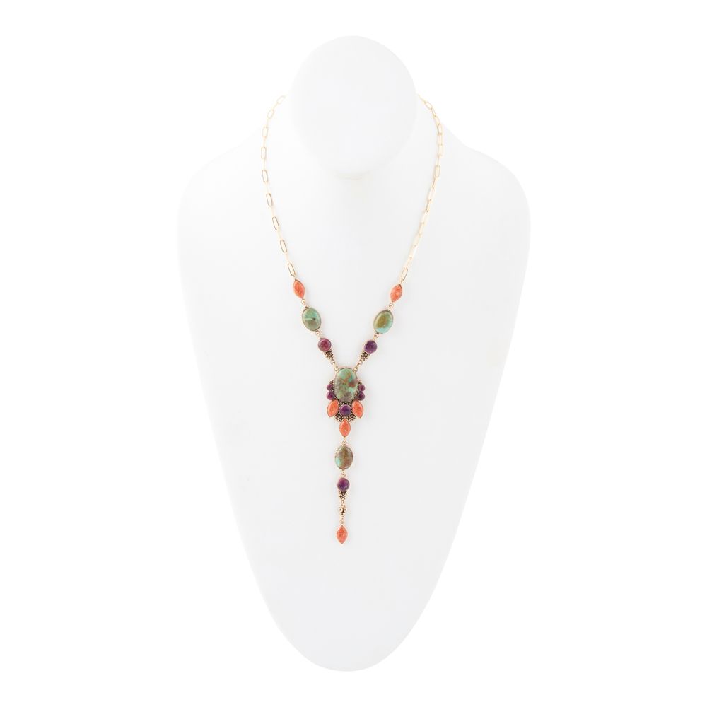 Regalia Blue Turquoise Purple and Orange Coral Golden Y Necklace | Necklaces | Wiccan Center