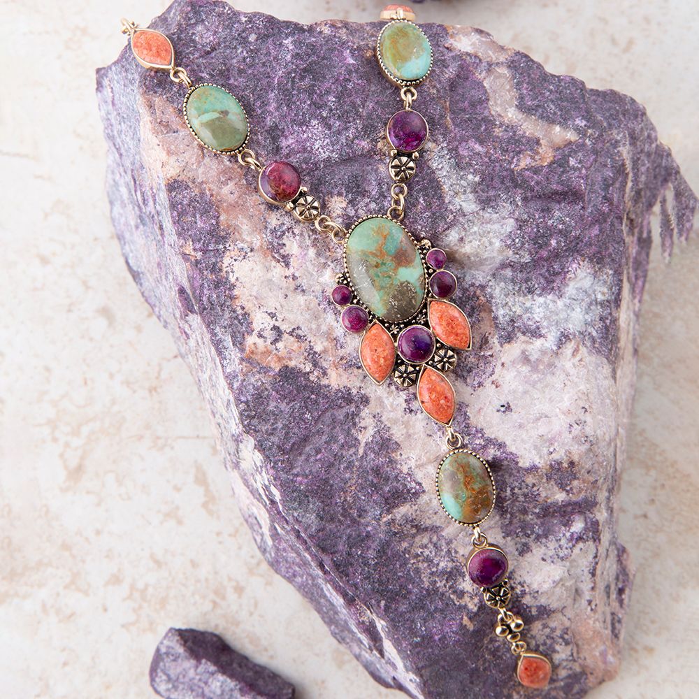 Regalia Blue Turquoise Purple and Orange Coral Golden Y Necklace | Necklaces | Wiccan Center