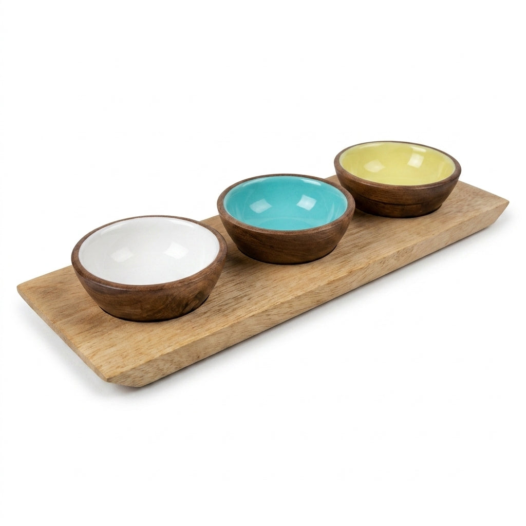 Mango Wood Condiment Set with Enamel Bowls