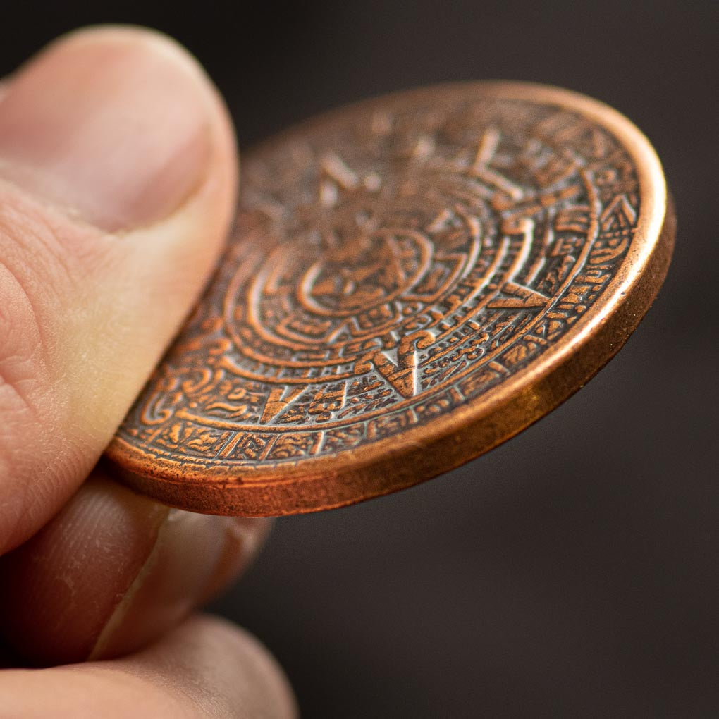 Aztec Sun Stone Calendar - Copper Worry Coin | Artwork | Wiccan Center