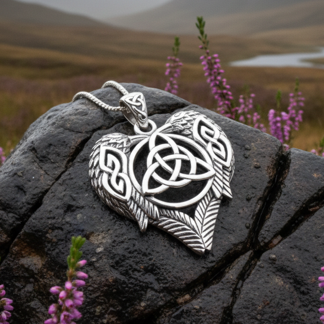 Celtic Raven Lovers Necklace in Sterling Silver