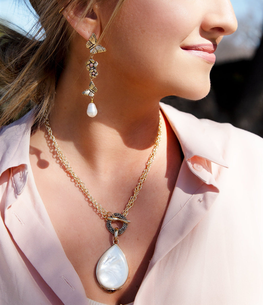 Rhodonite and White Pearl Golden Butterflies Post Drop Earrings | Earrings | Wiccan Center