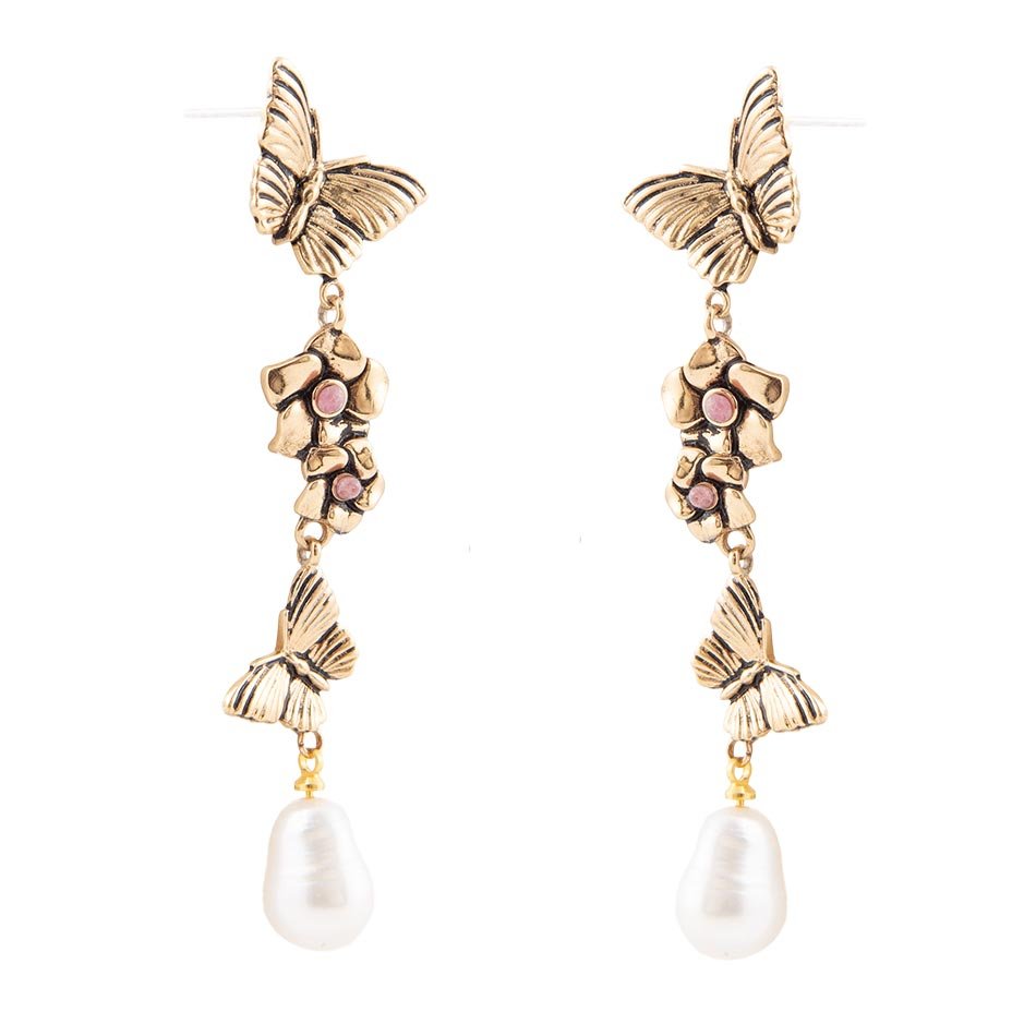 Rhodonite and White Pearl Golden Butterflies Post Drop Earrings | Earrings | Wiccan Center