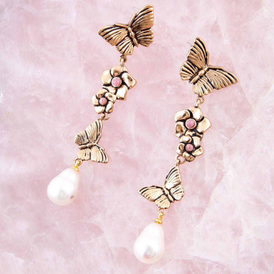 Rhodonite and White Pearl Golden Butterflies Post Drop Earrings | Earrings | Wiccan Center
