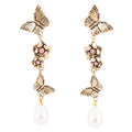 Rhodonite and White Pearl Golden Butterflies Post Drop Earrings | Earrings | Wiccan Center
