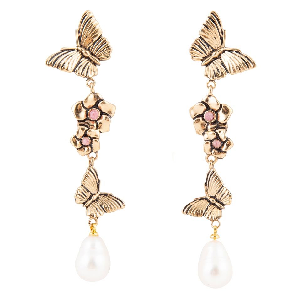 Rhodonite and White Pearl Golden Butterflies Post Drop Earrings | Earrings | Wiccan Center