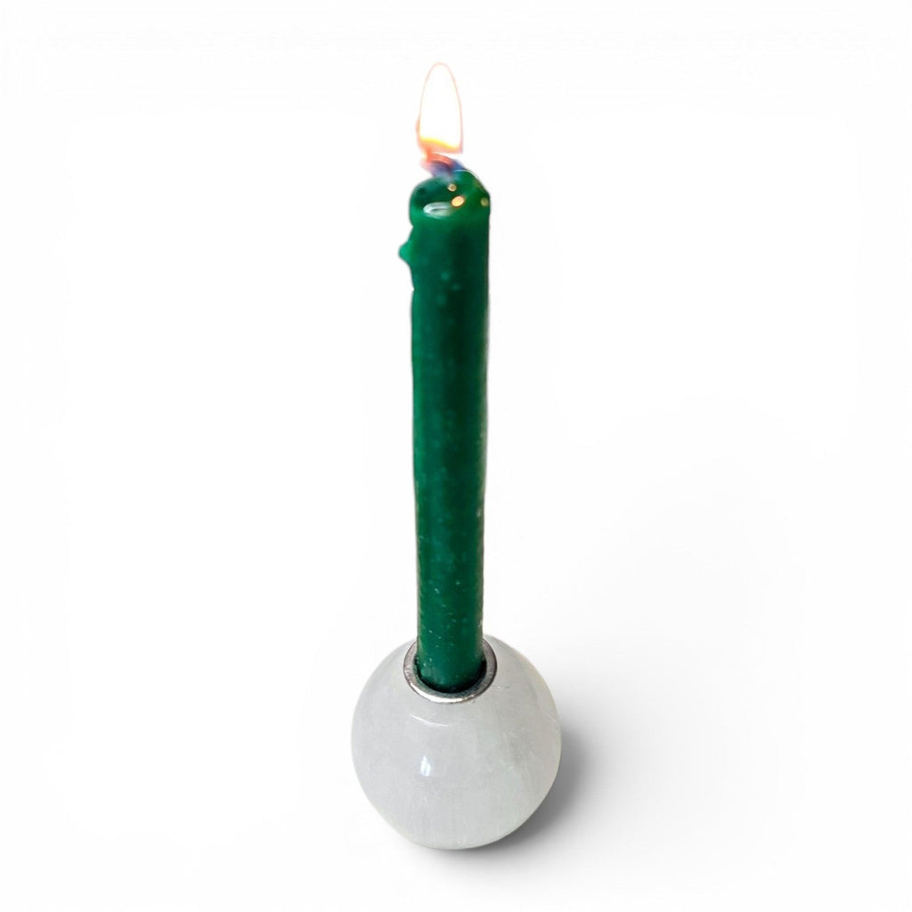 Selenite Satin Spar Mini Sphere Candle Holder – Sacred Space Chime Spell Altar Base | candle | Wiccan Center