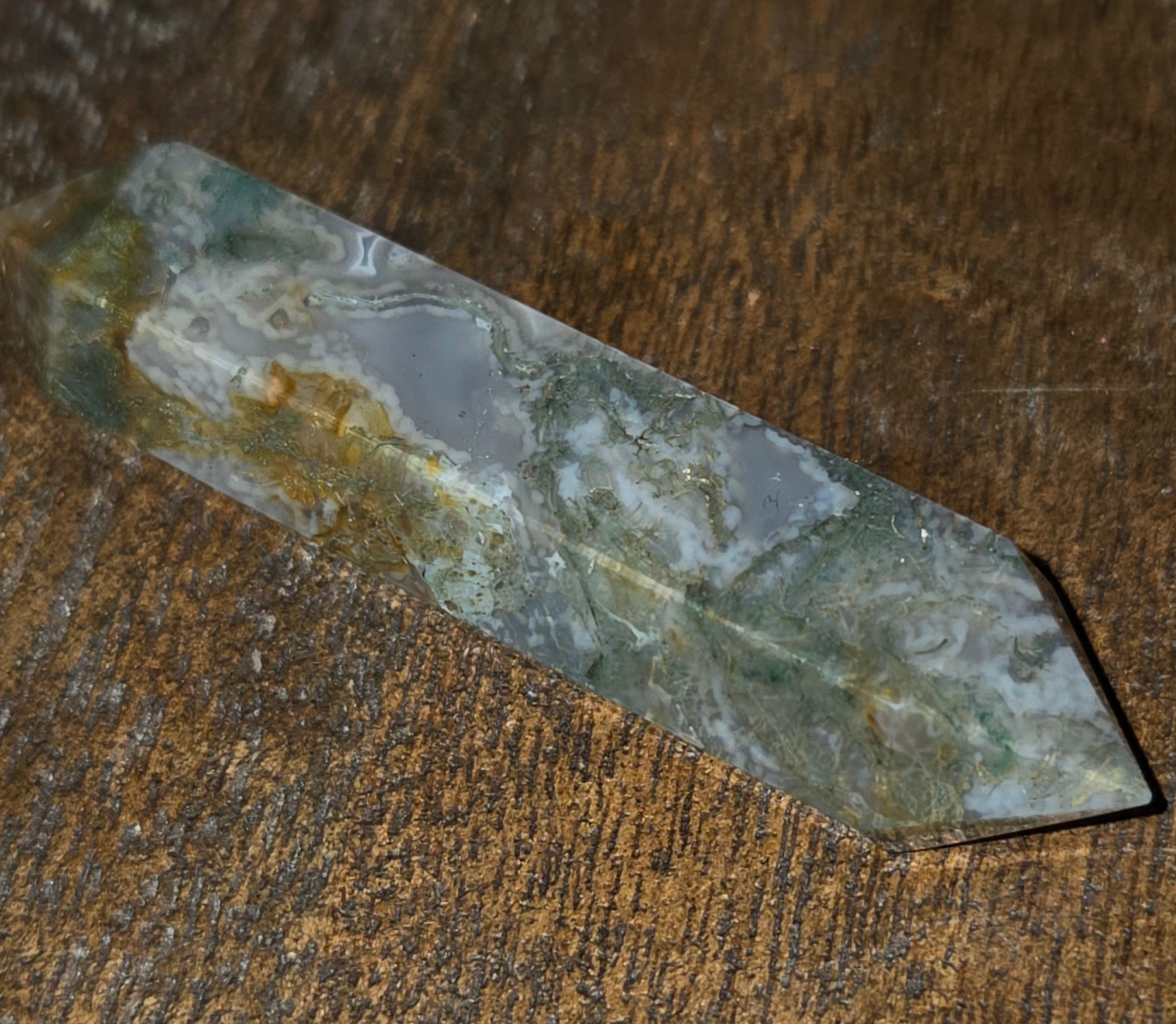 Double-Terminated Moss Agate Wand – Grounding & Heart Healing Crystal | | Wiccan Center