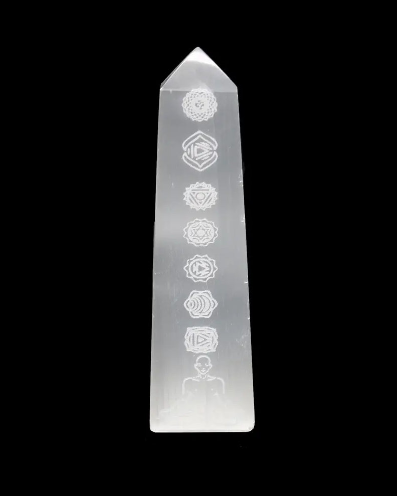 6" Seven Chakras Engraved Selenite Tower | | Wiccan Center