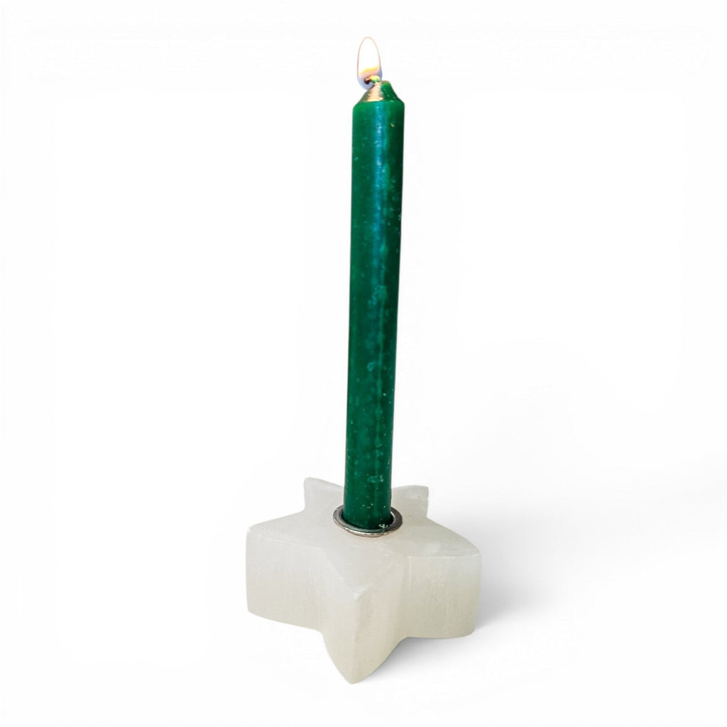 Selenite Satin Spar Mini Star Candle Holder – Sacred Space Chime Spell Altar Base | candle | Wiccan Center