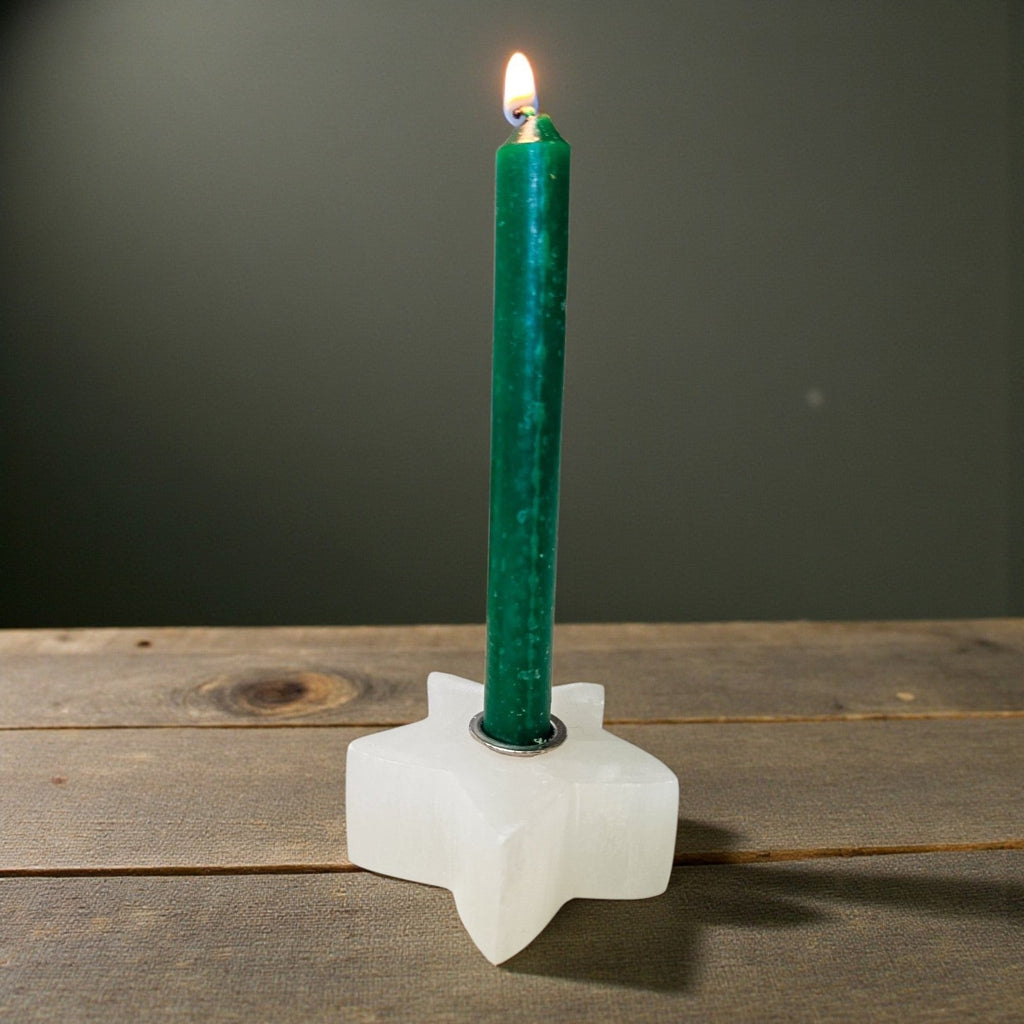 Selenite Satin Spar Mini Star Candle Holder – Sacred Space Chime Spell Altar Base | candle | Wiccan Center