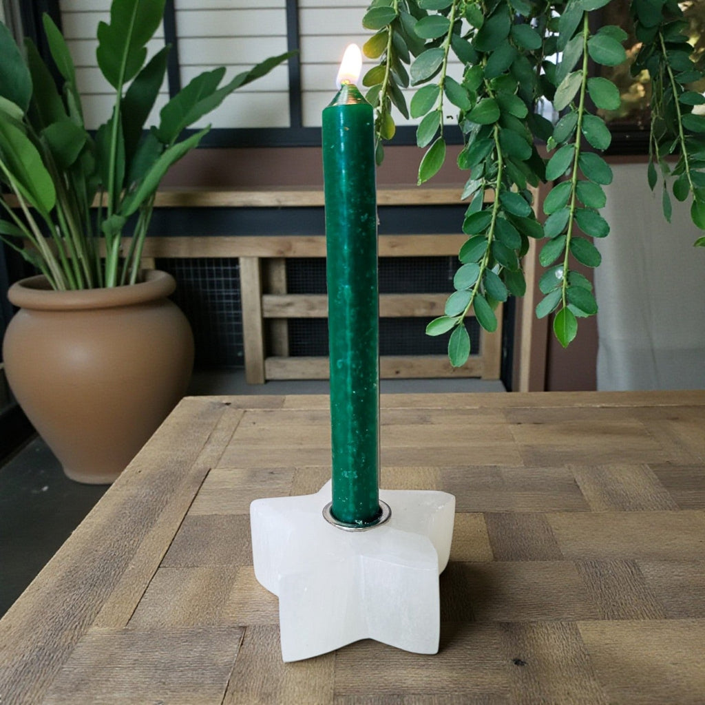 Selenite Satin Spar Mini Star Candle Holder – Sacred Space Chime Spell Altar Base | candle | Wiccan Center