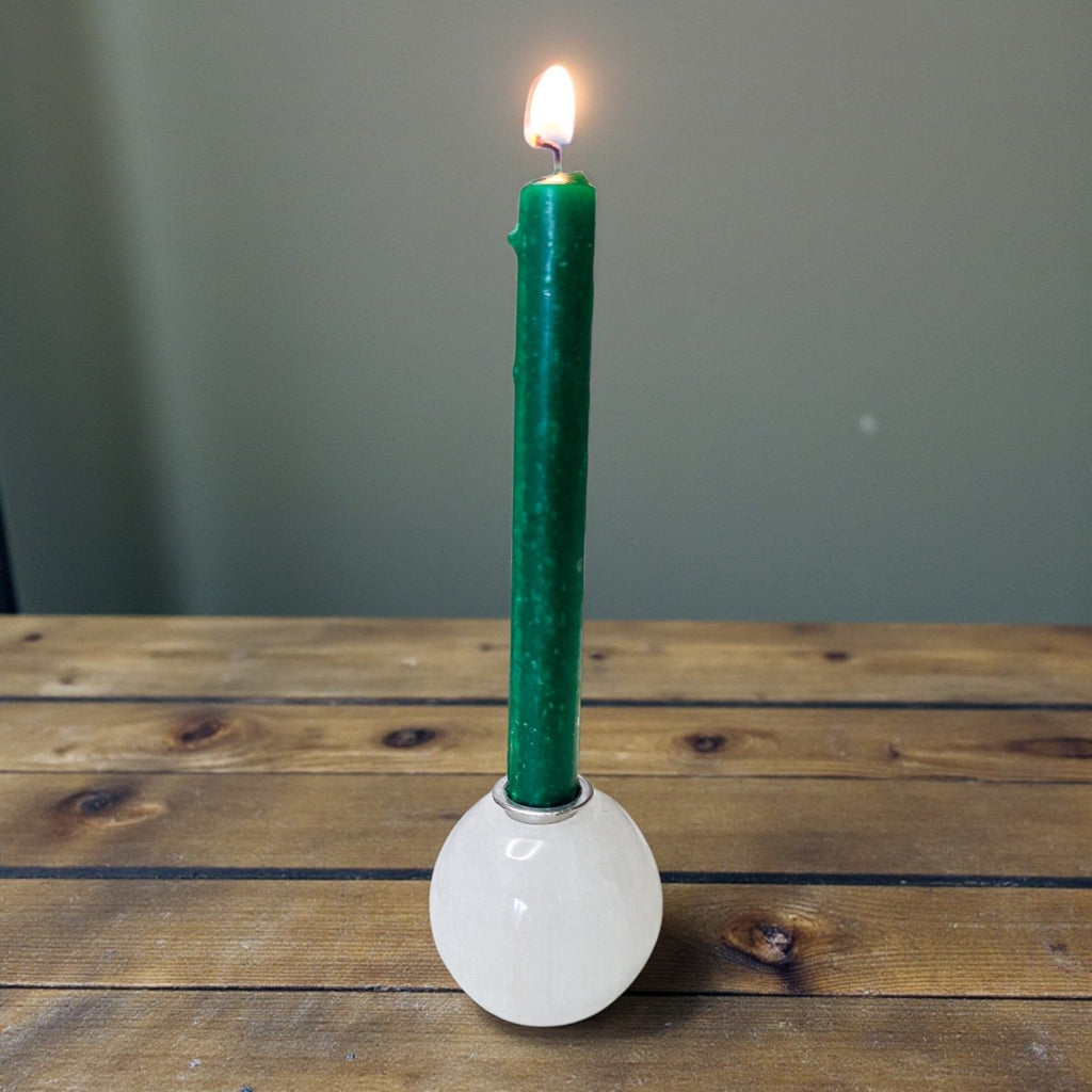 Selenite Satin Spar Mini Sphere Candle Holder – Sacred Space Chime Spell Altar Base | candle | Wiccan Center