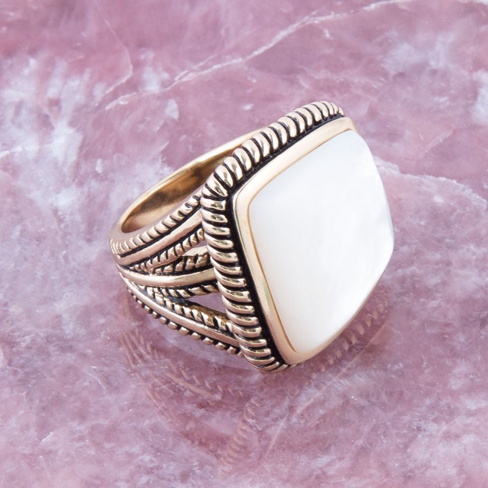 Roped White Mother of Pearl and Golden Statement Ring | Rings | Wiccan Center
