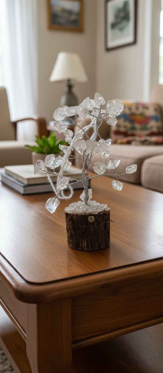 Crystal Quartz Gemstone Chip Tree On Wood Base | | Wiccan Center