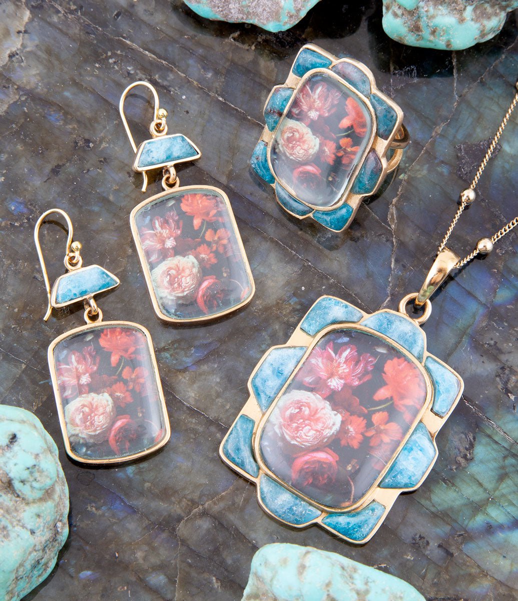 Scenic Dark Florals Blue Apatite Golden Drop Earrings | Earrings | Wiccan Center