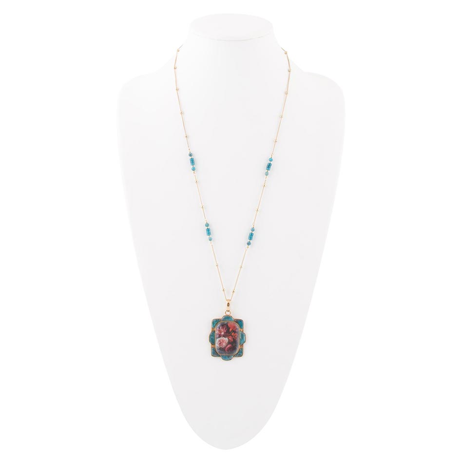 Scenic Red Florals Blue Apatite Golden Pendant Necklace | Necklaces | Wiccan Center