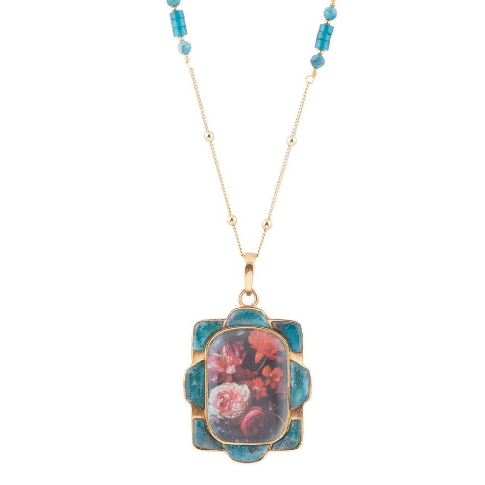 Scenic Red Florals Blue Apatite Golden Pendant Necklace | Necklaces | Wiccan Center