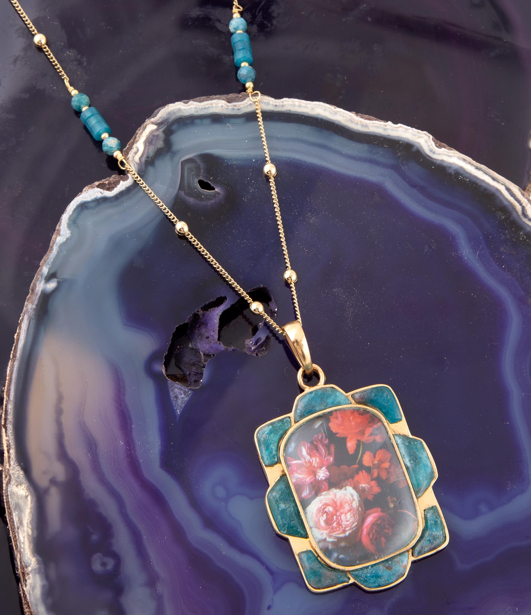 Scenic Red Florals Blue Apatite Golden Pendant Necklace | Necklaces | Wiccan Center