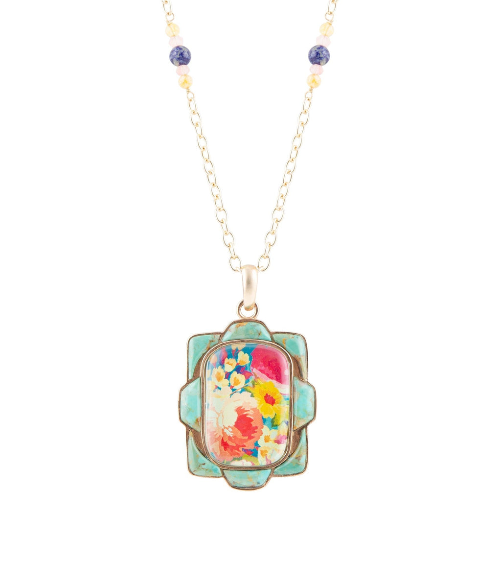 Scenic Floral and Blue Turquoise Golden Pendant Necklace | Necklaces | Wiccan Center