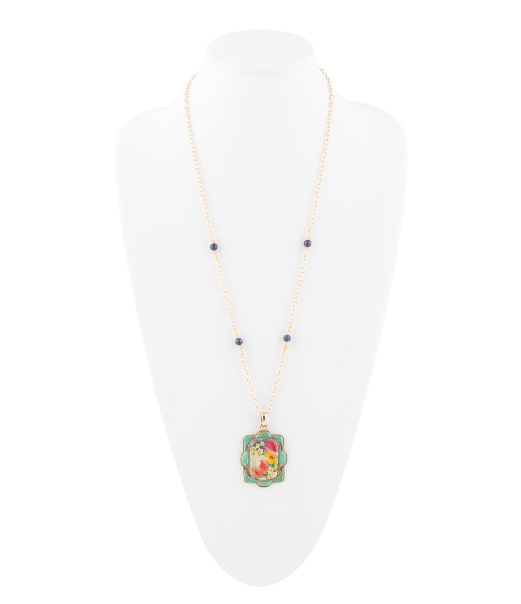 Scenic Floral and Blue Turquoise Golden Pendant Necklace | Necklaces | Wiccan Center