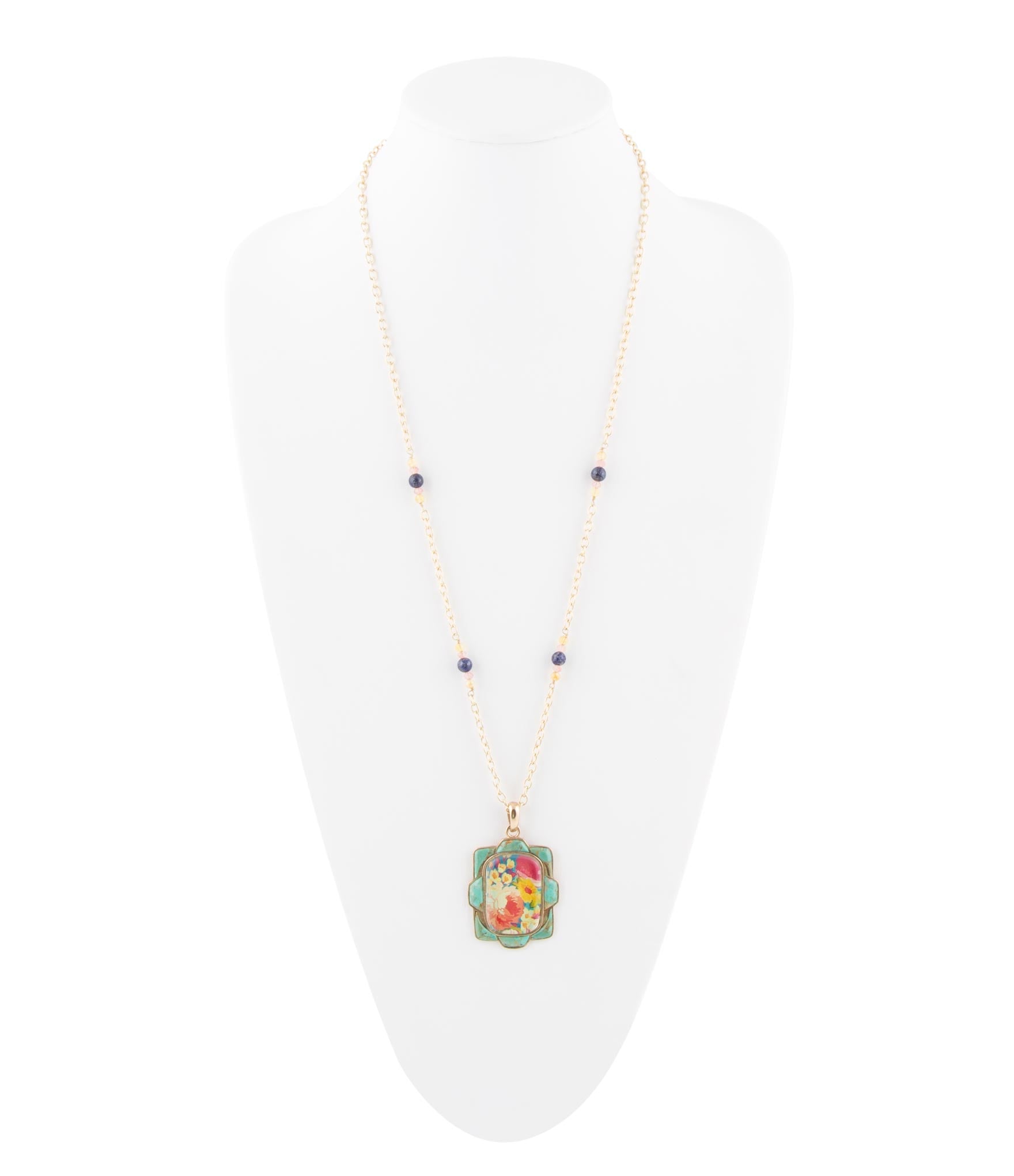 Scenic Floral and Blue Turquoise Golden Pendant Necklace | Necklaces | Wiccan Center