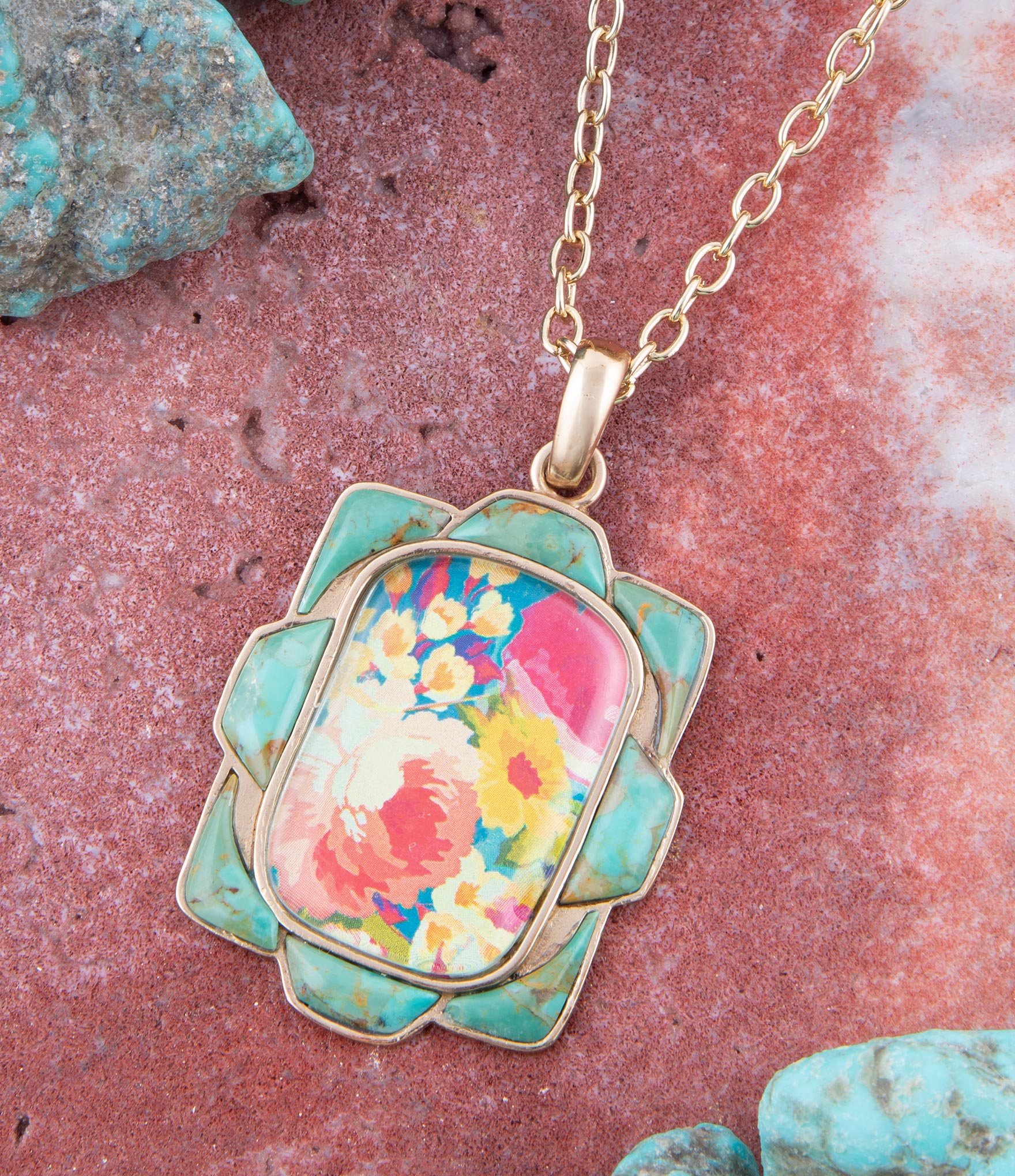 Scenic Floral and Blue Turquoise Golden Pendant Necklace | Necklaces | Wiccan Center