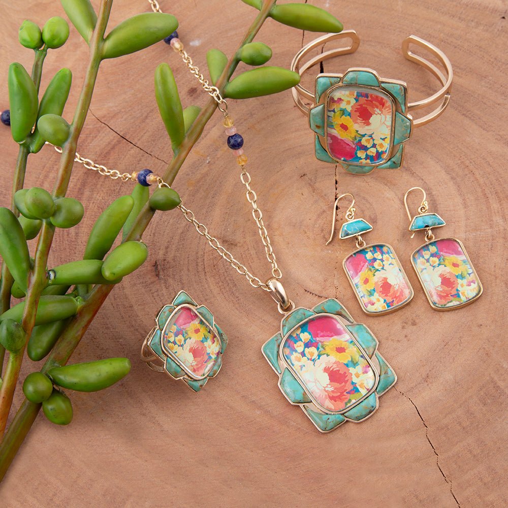 Scenic Floral and Blue Turquoise Golden Pendant Necklace | Necklaces | Wiccan Center