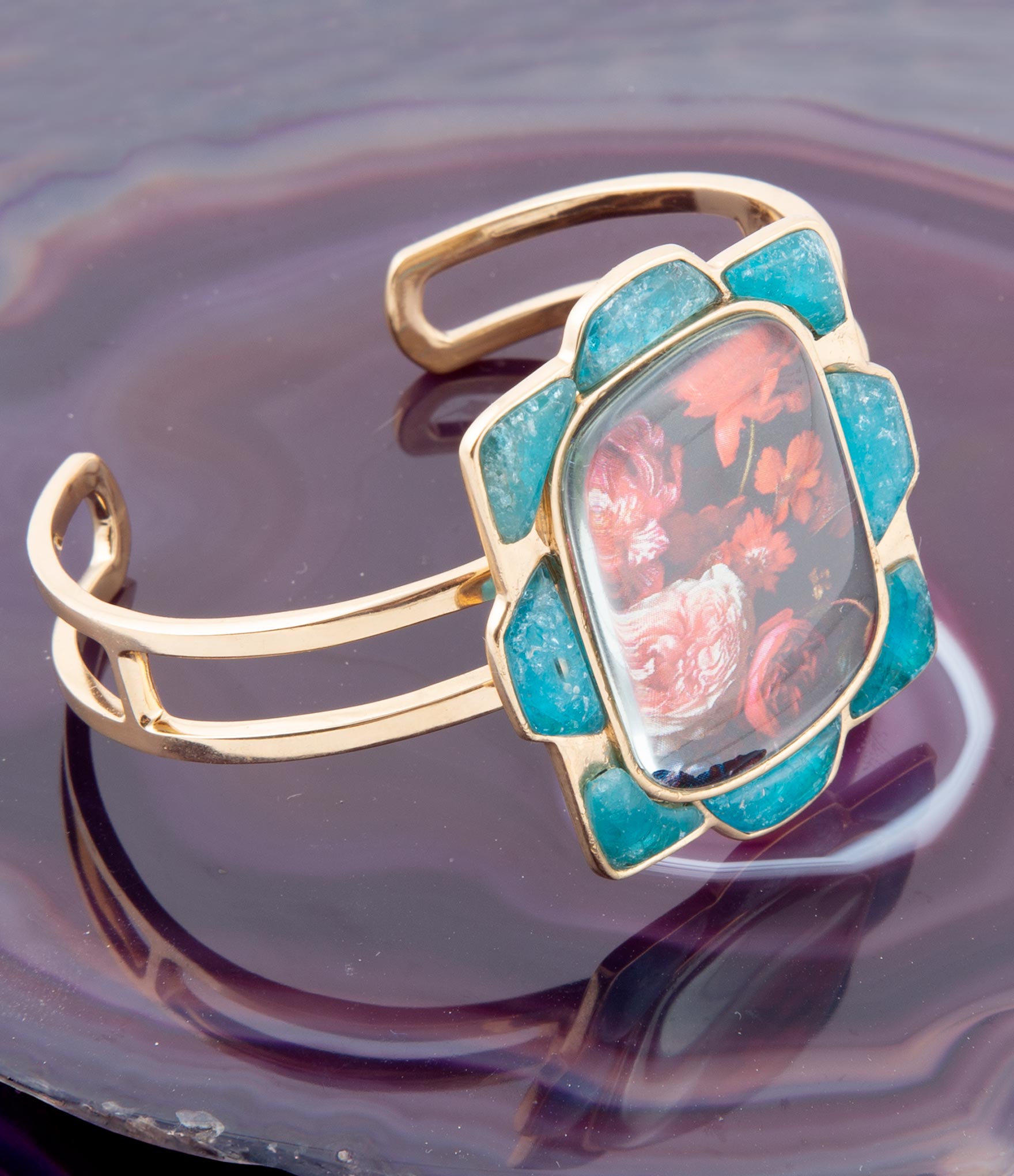 Scenic Red Floral Blue Apatite Golden Cuff Bracelet | Bracelets | Wiccan Center