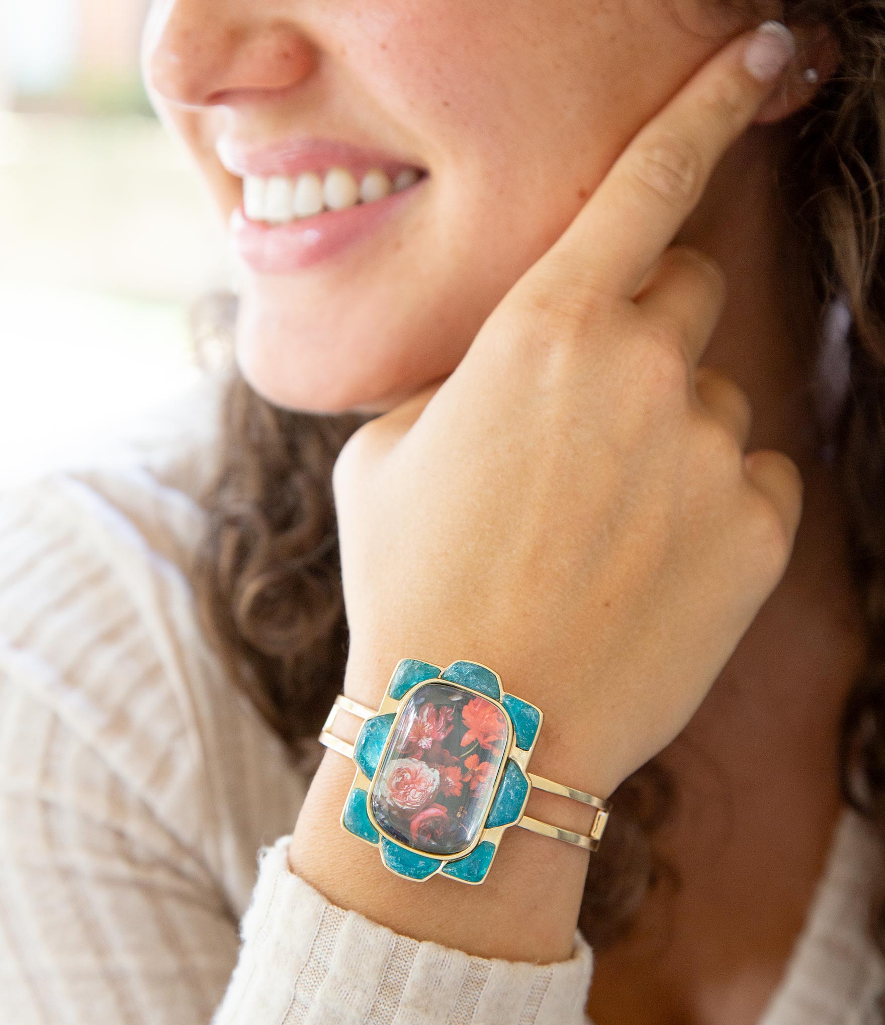 Scenic Red Floral Blue Apatite Golden Cuff Bracelet | Bracelets | Wiccan Center