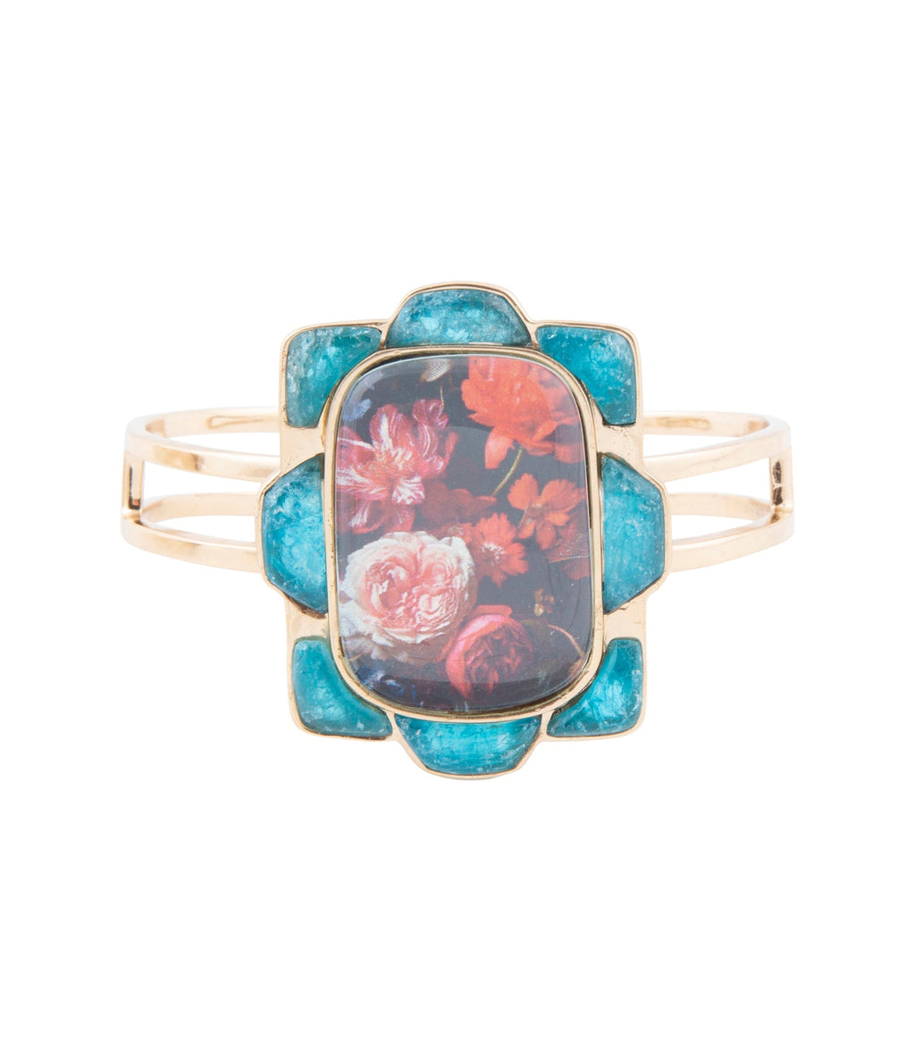 Scenic Red Floral Blue Apatite Golden Cuff Bracelet | Bracelets | Wiccan Center