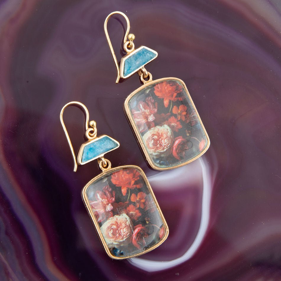 Scenic Dark Florals Blue Apatite Golden Drop Earrings | Earrings | Wiccan Center