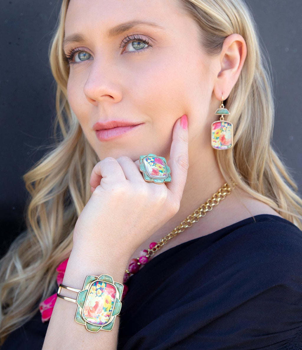 Scenic Floral Blue Turquoise and Golden Cuff Bracelet | Bracelets | Wiccan Center