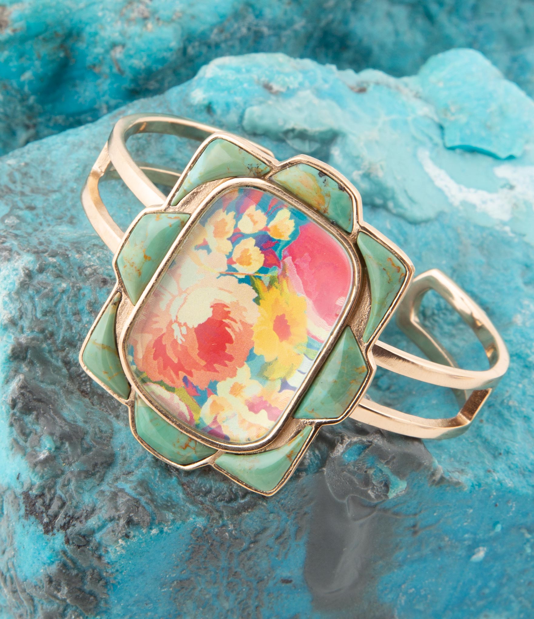 Scenic Floral Blue Turquoise and Golden Cuff Bracelet | Bracelets | Wiccan Center
