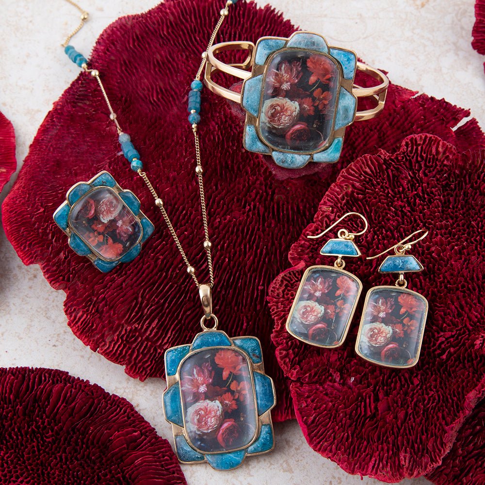 Scenic Red Floral Blue Apatite Golden Cuff Bracelet | Bracelets | Wiccan Center