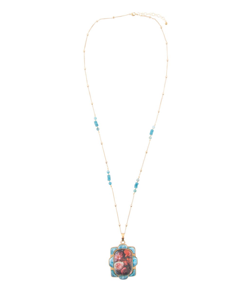 Scenic Red Florals Blue Apatite Golden Pendant Necklace | Necklaces | Wiccan Center