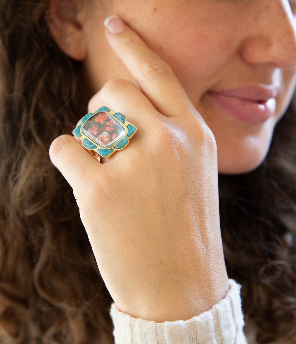 Scenic Red Florals Blue Apatite Golden Statement Ring | Rings | Wiccan Center
