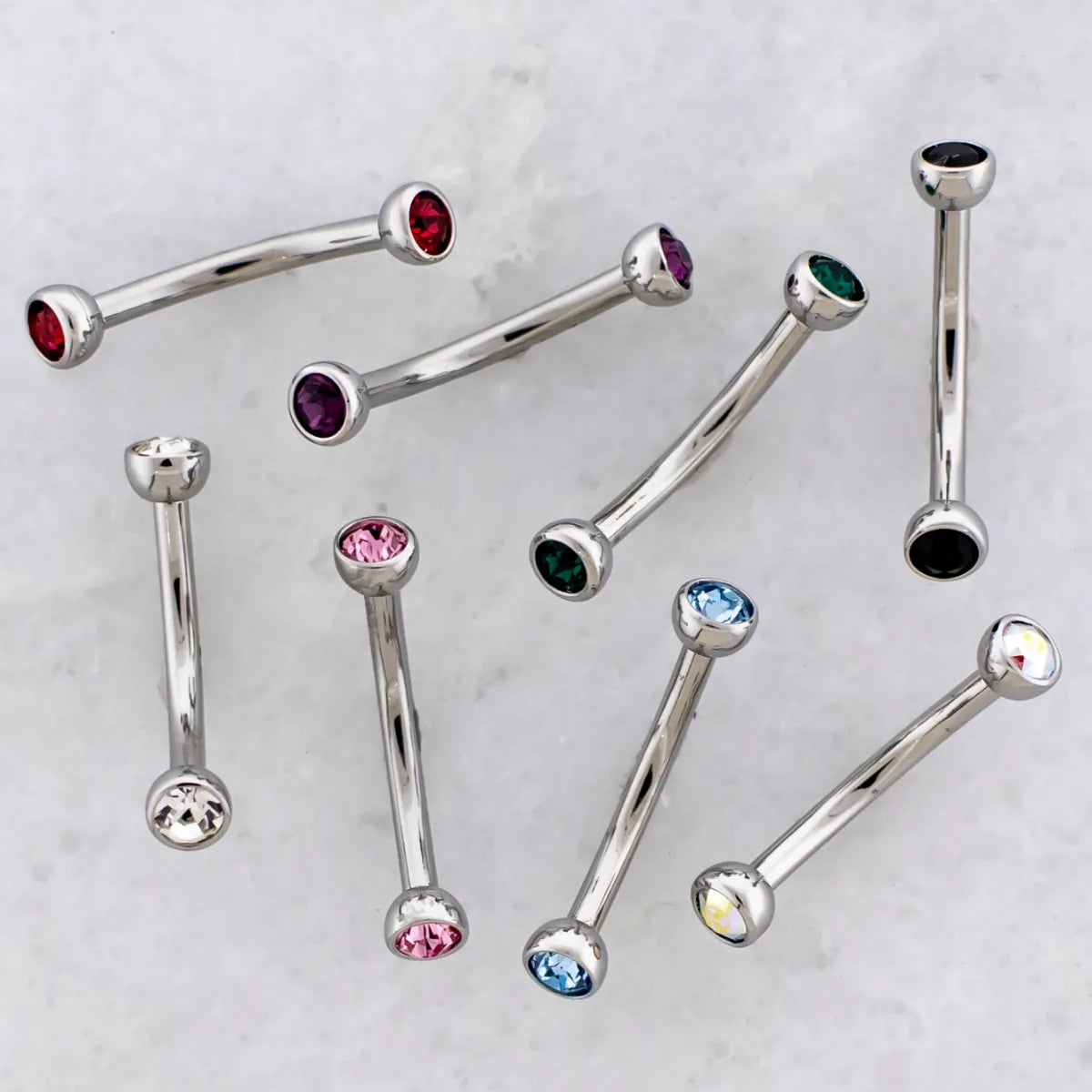 16G Steel Internally Threaded Curved Barbells w/ Bezel Set Premium Crystals | Body Jewelry | Wiccan Center